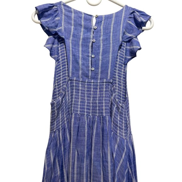 Free People Chambray Striped Dress Medium Pastel Blue Smocked Waist Ruffle Boho - Picture 12 of 16